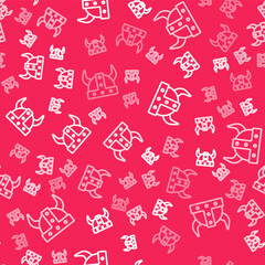 White line Viking in horned helmet icon isolated seamless pattern on red background. Vector