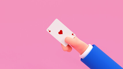 Cartoon human hand holding playing card. 3d render illustration.