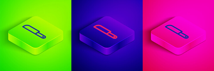 Isometric line Knife icon isolated on green, blue and pink background. Cutlery symbol. Square button. Vector