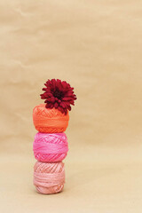Colorful Embroidery threads and red autumn roses