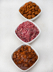 Selection of dogfood options, raw pets mince, chunks in gravy and dry kibbles