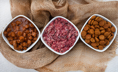 Selection of dogfood options, raw pets mince, chunks in gravy and dry kibbles