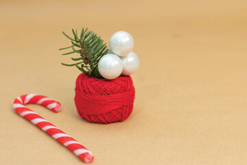 Sugar cane next to curly red embroidery thread with white pearls and green herb inside