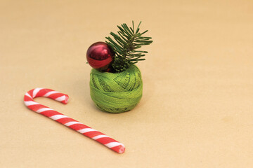 Sugar cane next to curly green embroidery thread with purple pearl and green herb inside