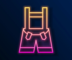 Glowing neon line Lederhosen icon isolated on black background. Traditional bavarian clothing. Oktoberfest outfit. Pants with suspenders. Patrick day. Vector