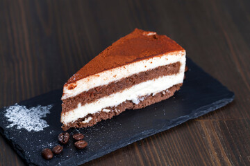 chocolate cake with cream layers, close up