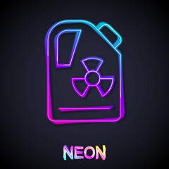 Glowing neon line Radioactive waste in barrel icon isolated on black background. Toxic refuse keg. Radioactive garbage emissions, environmental pollution. Vector