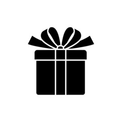 Gift box. Gift and birthday symbol. Raster gift pictogram. Image of a box with a festive ribbon, bow. Black outline.