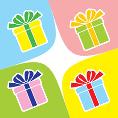 Gift box. Gift and birthday symbol. Raster gift pictogram. Image of a box with a festive ribbon, bow.  A multicolored silhouette with a white outline.