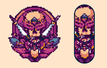 pixel art alien monster illustration with skateboard template