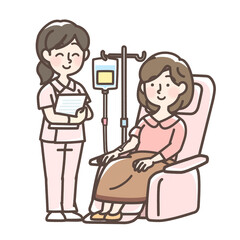 点滴を受けている女性と看護師
