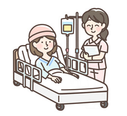 点滴を受けている女性と看護師