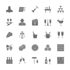 Set of Wine Grey Icons. Alcohol Menu, Cocktail, Corkscrew, Waiter and more.