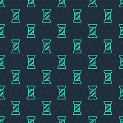 Green line Sewing thread on spool icon isolated seamless pattern on blue background. Yarn spool. Thread bobbin. Vector