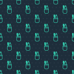 Green line Toothbrush and tube of toothpaste icon isolated seamless pattern on blue background. Disposable bathroom supplies. Vector