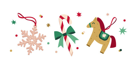 Set of vector Christmas décor in flat style. Christmas stylish set of Christmas toys, candy cane, snowflake, stars and confetti. New Year decoration.