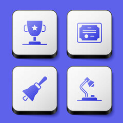 Set Award cup, Certificate template, Ringing bell and Table lamp icon. White square button. Vector