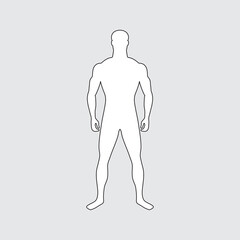 Symmetrical male silhouette. White male figure with black outline. Full-length man. Proportionally folded body. Character with developed muscular delineation. Slender tall guy. Adult vector personage.