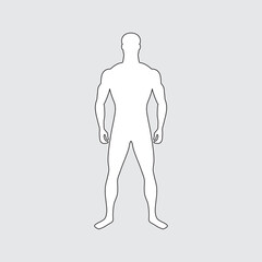 Symmetrical male silhouette. White male figure with black outline. Full-length man. Proportionally folded body. Character with developed muscular delineation. Slender tall guy. Adult vector personage.
