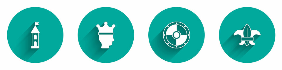 Set Castle tower, King crown, Round shield and Fleur de lys or lily flower icon with long shadow. Vector