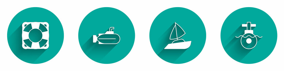 Set Lifebuoy, Submarine, Yacht sailboat and icon with long shadow. Vector