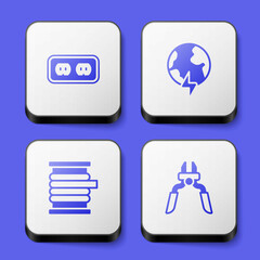 Set Electrical outlet, Global planet with thunderbolt, Wire electric cable on reel and Pliers tool icon. White square button. Vector