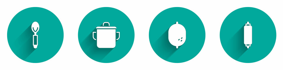 Set Spoon, Cooking pot, Lemon and Rolling pin icon with long shadow. Vector