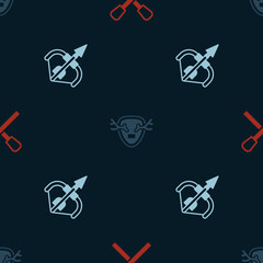 Set Burning match with fire, Deer antlers on shield and Medieval bow and arrow on seamless pattern. Vector