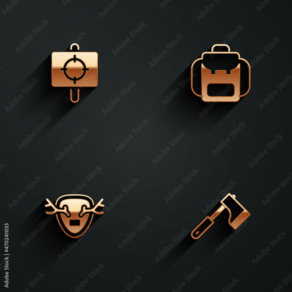 Sticker Set Target sport, Hiking backpack, Deer antlers on shield and Wooden axe icon with long shadow. Vector