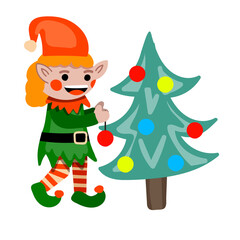 Obraz na płótnie Canvas Happy Christmas elf decorating tree. Vector illustration