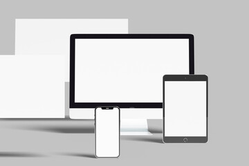 Mockup of Realistic Computer, Monitor, Laptop, Tablet and smartphone with blank screen Isolated on white background. Set of Device Mockup Separate Groups and Layers. Easily Editable 