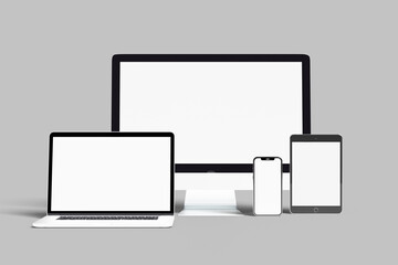 Mockup of Realistic Computer, Monitor, Laptop, Tablet and smartphone with blank screen Isolated on white background. Set of Device Mockup Separate Groups and Layers. Easily Editable 