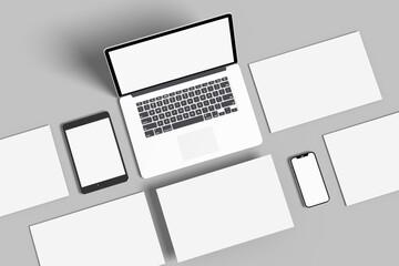 Mockup of Realistic  Laptop, Tablet and smartphone with blank screen Isolated on white background. Set of Device Mockup Separate Groups and Layers. Easily Editable 
