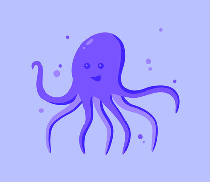 A cheerful octopus swims in the sea. Vector illustration.