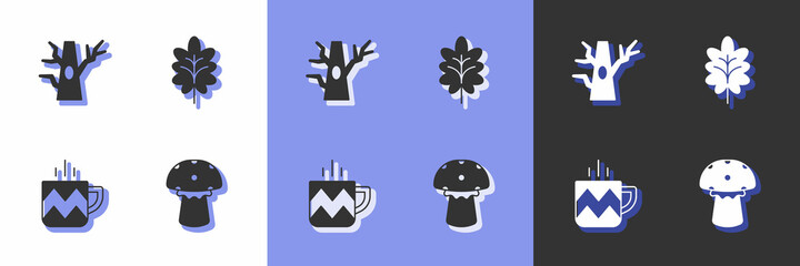 Set Mushroom, Bare tree, Cup of tea and Leaf icon. Vector