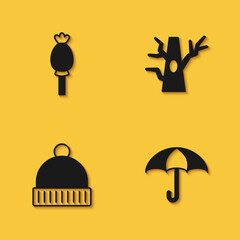 Set Opium poppy, Umbrella, Winter hat and Bare tree icon with long shadow. Vector