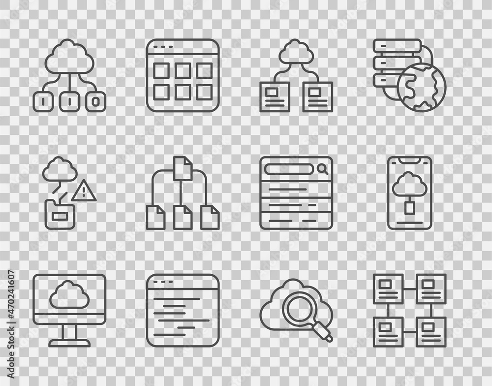 Aufkleber set line cloud technology data transfer, hierarchy organogram chart, software, folder tree, search c