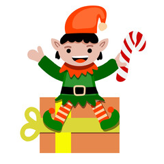 Happy Christmas elf sitting on gift box. Vector illustration