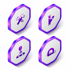 Set Isometric Hammer and wrench spanner, Industry metallic pipe, Crane hook and Roulette construction icon. Purple hexagon button. Vector