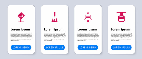 Set Cable car, Train station bell, Arrow for switching the railway and Railroad crossing. Business infographic template. Vector