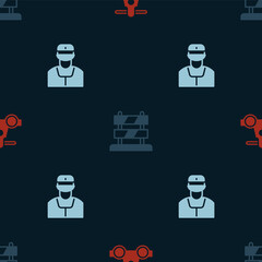Set Handcar transportation, End of railway tracks and Train conductor on seamless pattern. Vector