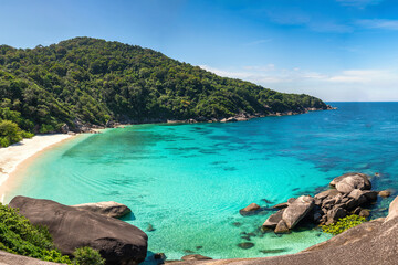 Fototapeta na wymiar Tropical islands of ocean blue sea water and white sand beach at Similan Islands from famous viewpoint, Phang Nga Thailand nature landscape