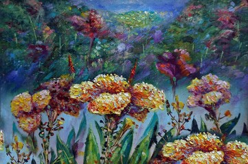 Art painting  oil  color  flower background from thailand  , flora , blossom , bloom