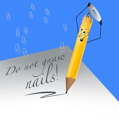 humorous drawing of a funny pencil with a pin from the bad habit of gnawing pencils