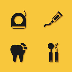 Set Dental floss, mirror and probe, Broken tooth and Tube of toothpaste icon with long shadow. Vector