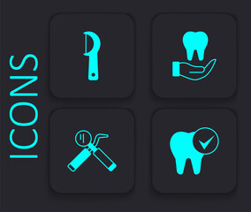 Set Tooth, Dental floss, and mirror and probe icon. Black square button. Vector