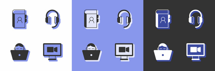 Set Video chat conference, Phone book, Freelancer and Headphones icon. Vector