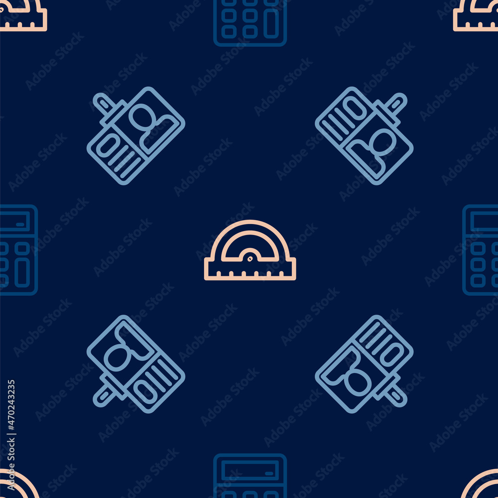 Poster set line calculator, identification badge and protractor grid on seamless pattern. vector