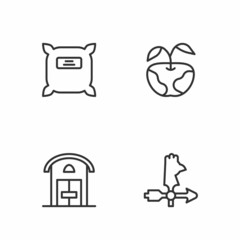 Set line Rooster weather vane, Farm house, Pack full of seeds and Apple icon. Vector