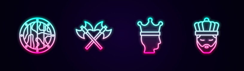 Set line Round wooden shield, Crossed medieval axes, King crown and with. Glowing neon icon. Vector